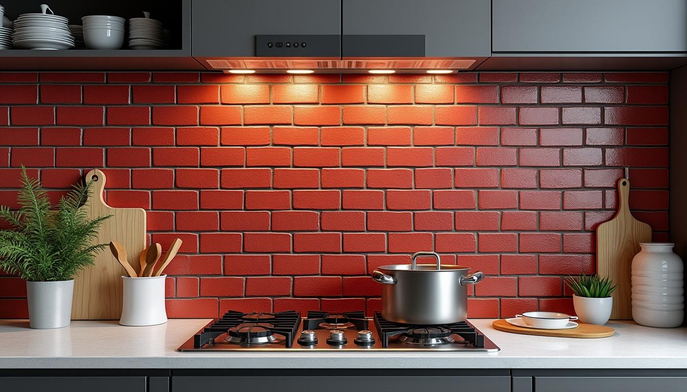 découvrez notre crédence de cuisine en aluminium au design brique rouge, parfaite pour apporter modernité et charme industriel à votre espace culinaire.
