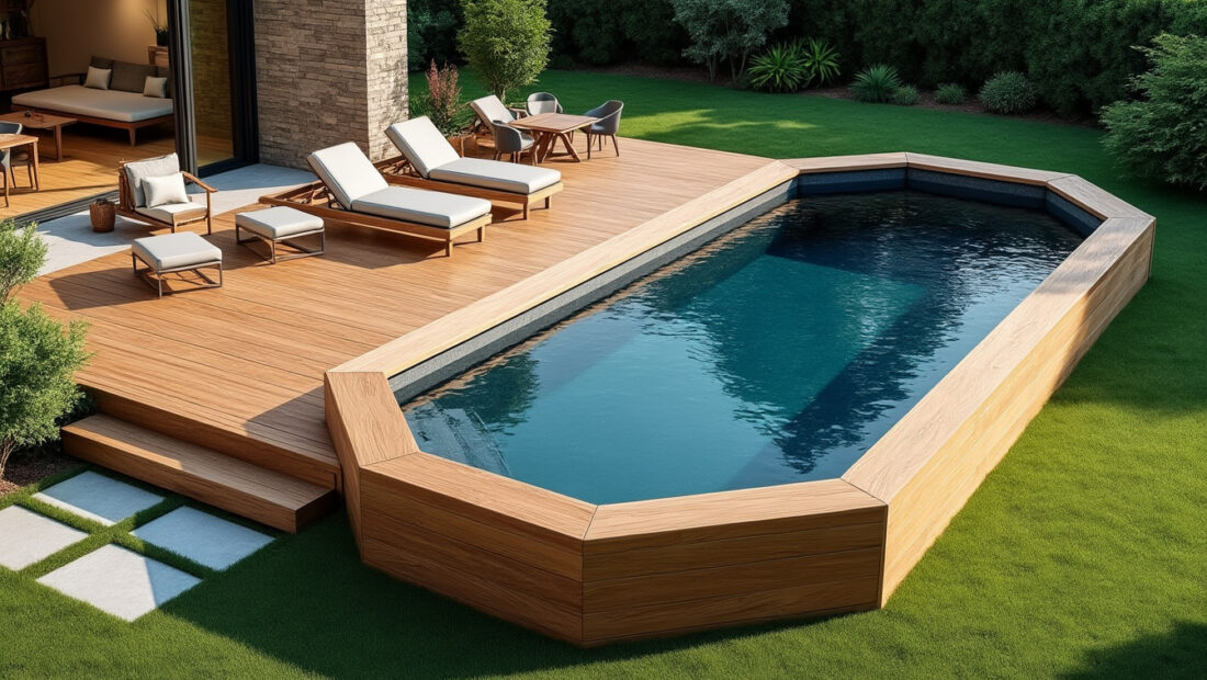 découvrez l'élégance et l'espace allongé d'une piscine en bois octogonale, idéale pour sublimer votre jardin et profiter de moments de détente unique.
