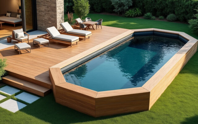 découvrez l'élégance et l'espace allongé d'une piscine en bois octogonale, idéale pour sublimer votre jardin et profiter de moments de détente unique.