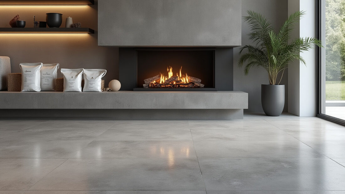 kit béton ciré pour cheminée et poêle, prêt à l'emploi, couvrant une surface de 2m² à 10m². facile à appliquer pour un rendu moderne et durable.
