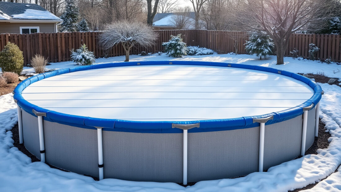 protégez votre piscine hors sol durant l'hiver grâce à une bâche spécialement conçue pour empêcher les débris et les intempéries, assurant ainsi sa longévité et sa propreté pour la saison suivante.