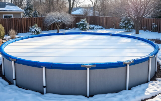 protégez votre piscine hors sol durant l'hiver grâce à une bâche spécialement conçue pour empêcher les débris et les intempéries, assurant ainsi sa longévité et sa propreté pour la saison suivante.