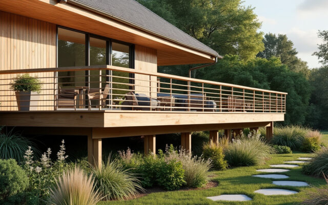 découvrez comment aménager une terrasse sur pilotis avec un garde-corps en bois élégant, pour créer un espace extérieur chaleureux et harmonieux.