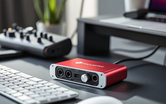 découvrez la focusrite scarlett solo 4e génération, une interface audio usb-c compacte avec 2 entrées et 2 sorties, offrant une qualité sonore exceptionnelle pour vos enregistrements professionnels et home studio.